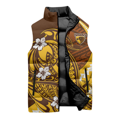 Personalized Hawthorn Hawks Sleeveless Puffer Jacket Polynesian Tribal Hawk Mascot With Hibiscus Flower Art