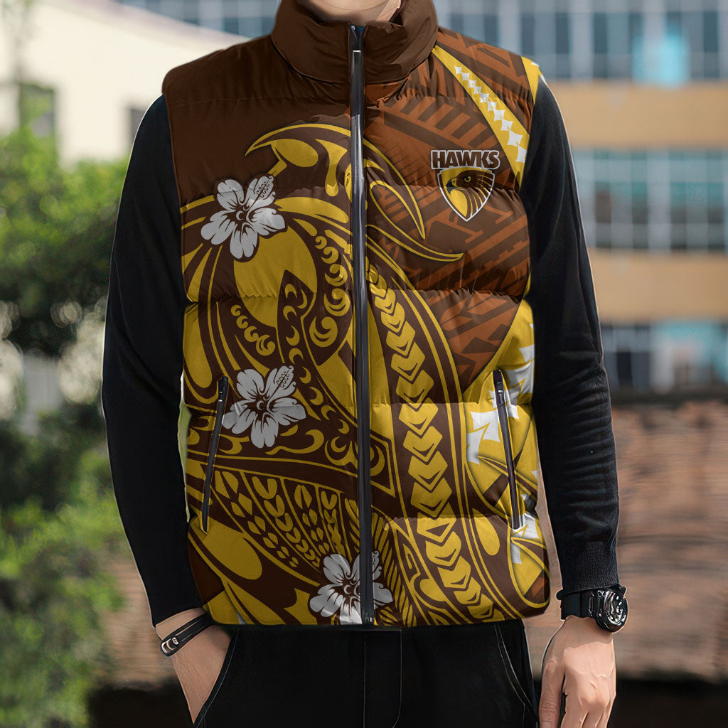 Personalized Hawthorn Hawks Sleeveless Puffer Jacket Polynesian Tribal Hawk Mascot With Hibiscus Flower Art
