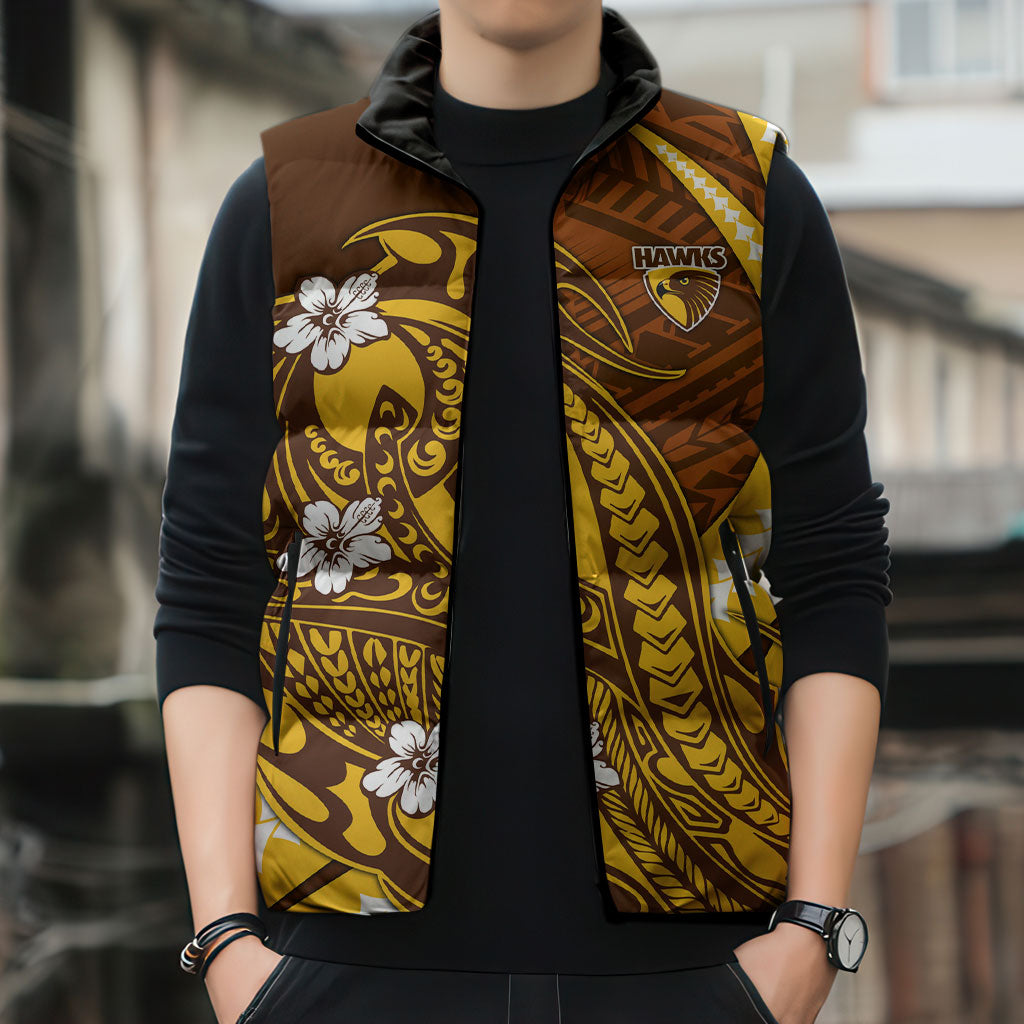 Personalized Hawthorn Hawks Sleeveless Puffer Jacket Polynesian Tribal Hawk Mascot With Hibiscus Flower Art