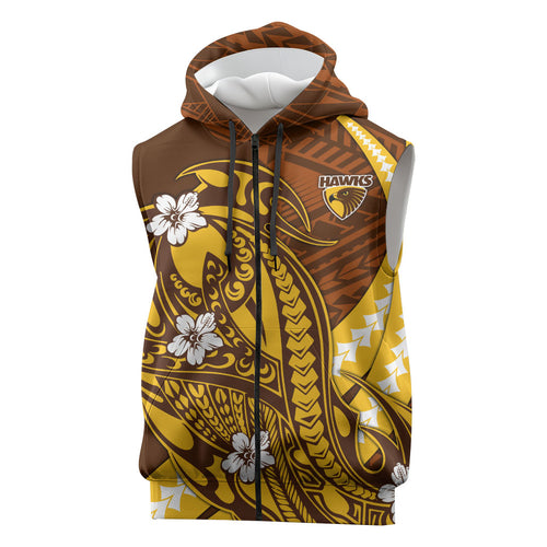 Personalized Hawthorn Hawks Sleeveless Zip Hoodie Polynesian Tribal Hawk Mascot With Hibiscus Flower Art