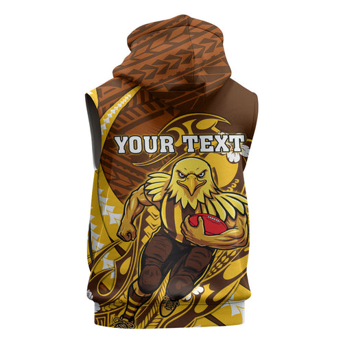 Personalized Hawthorn Hawks Sleeveless Zip Hoodie Polynesian Tribal Hawk Mascot With Hibiscus Flower Art