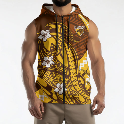 Personalized Hawthorn Hawks Sleeveless Zip Hoodie Polynesian Tribal Hawk Mascot With Hibiscus Flower Art