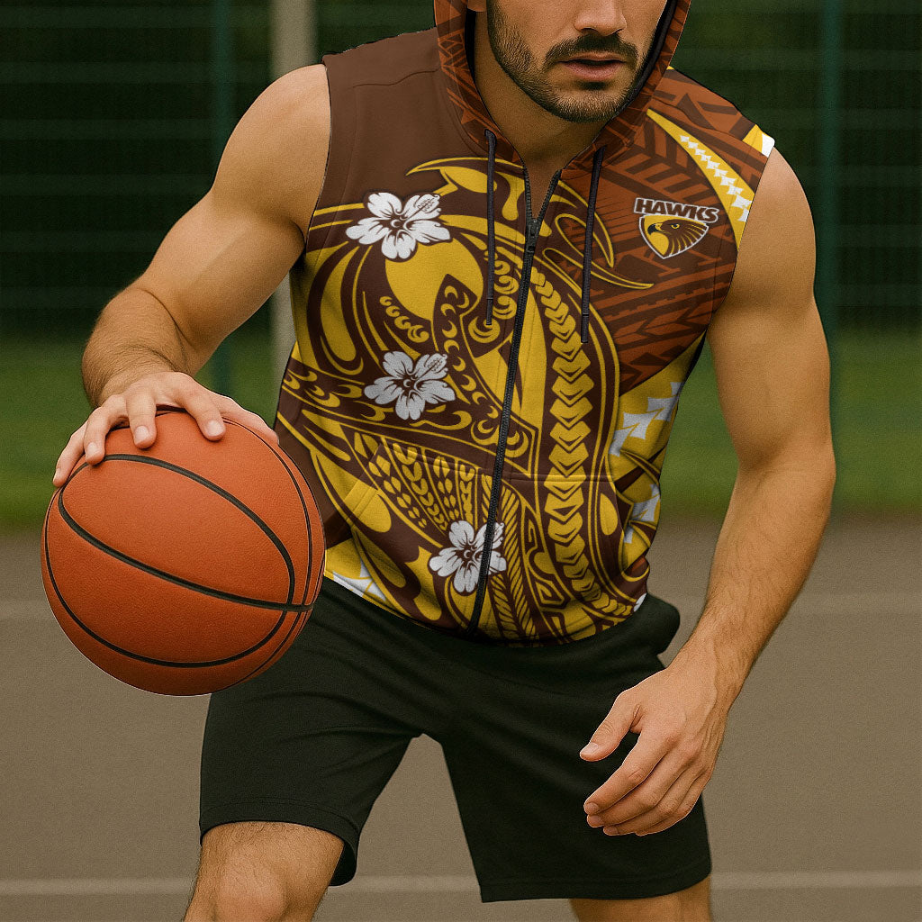 Personalized Hawthorn Hawks Sleeveless Zip Hoodie Polynesian Tribal Hawk Mascot With Hibiscus Flower Art