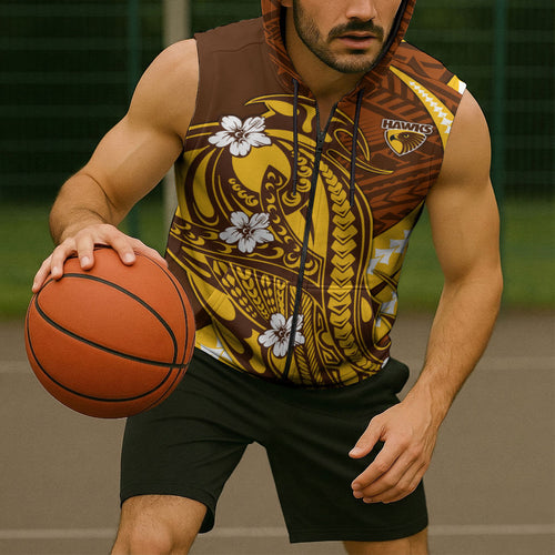 Personalized Hawthorn Hawks Sleeveless Zip Hoodie Polynesian Tribal Hawk Mascot With Hibiscus Flower Art