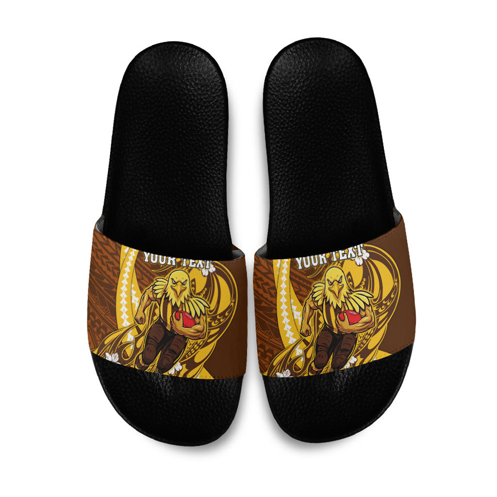 Personalized Hawthorn Hawks Slide Sandals Polynesian Tribal Hawk Mascot With Hibiscus Flower Art