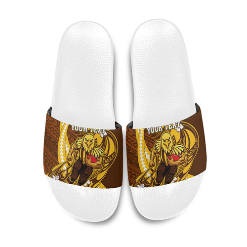Personalized Hawthorn Hawks Slide Sandals Polynesian Tribal Hawk Mascot With Hibiscus Flower Art