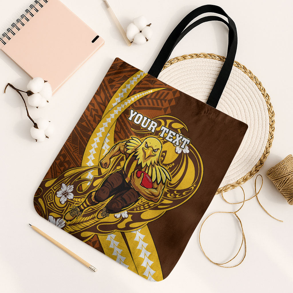 Personalized Hawthorn Hawks Tote Bag Polynesian Tribal Hawk Mascot With Hibiscus Flower Art