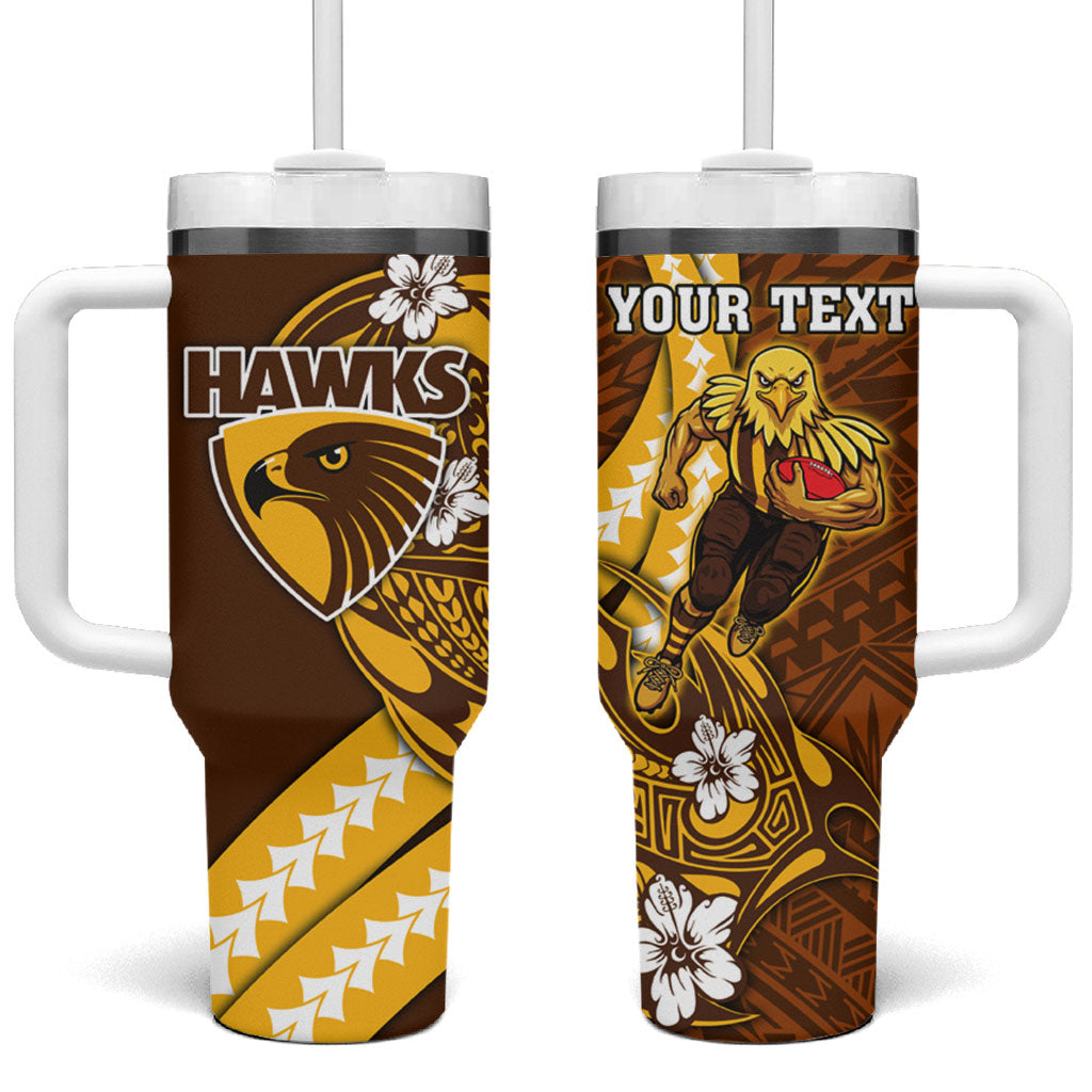 Personalized Hawthorn Hawks Tumbler With Handle Polynesian Tribal Hawk Mascot With Hibiscus Flower Art