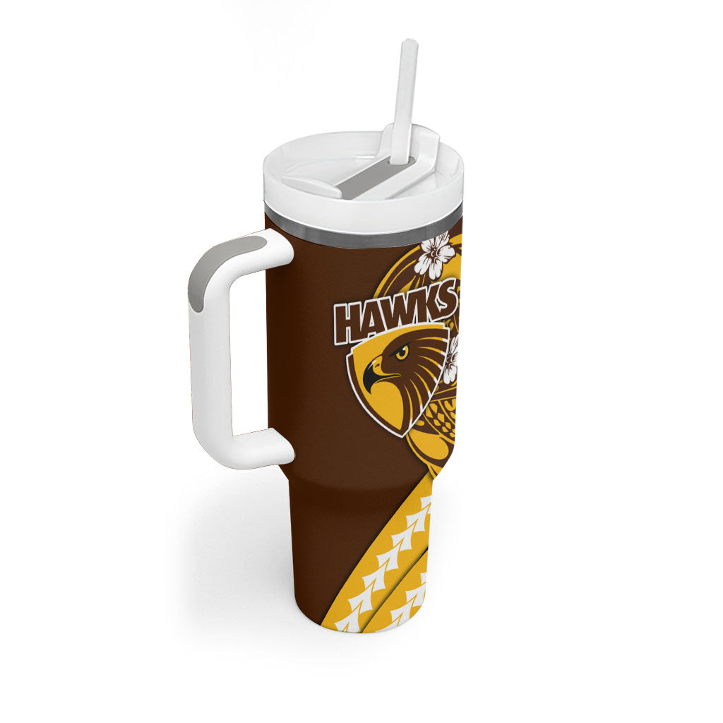 Personalized Hawthorn Hawks Tumbler With Handle Polynesian Tribal Hawk Mascot With Hibiscus Flower Art