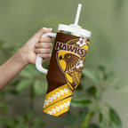 Personalized Hawthorn Hawks Tumbler With Handle Polynesian Tribal Hawk Mascot With Hibiscus Flower Art