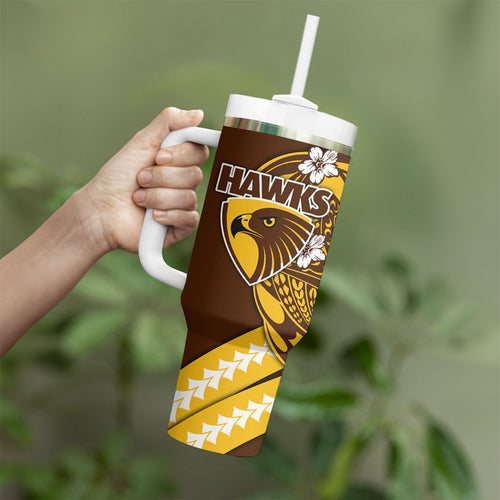 Personalized Hawthorn Hawks Tumbler With Handle Polynesian Tribal Hawk Mascot With Hibiscus Flower Art