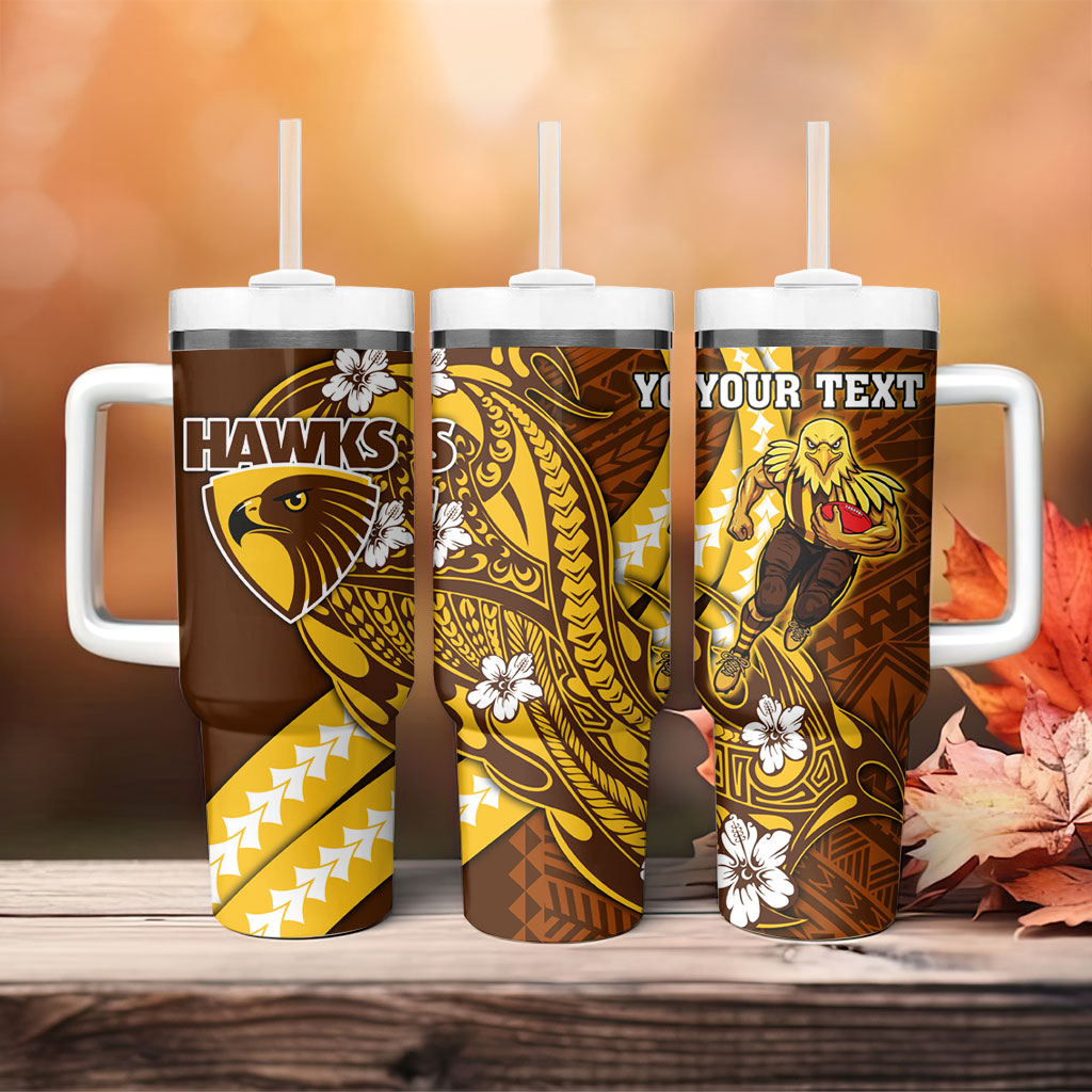 Personalized Hawthorn Hawks Tumbler With Handle Polynesian Tribal Hawk Mascot With Hibiscus Flower Art