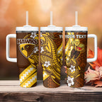Personalized Hawthorn Hawks Tumbler With Handle Polynesian Tribal Hawk Mascot With Hibiscus Flower Art