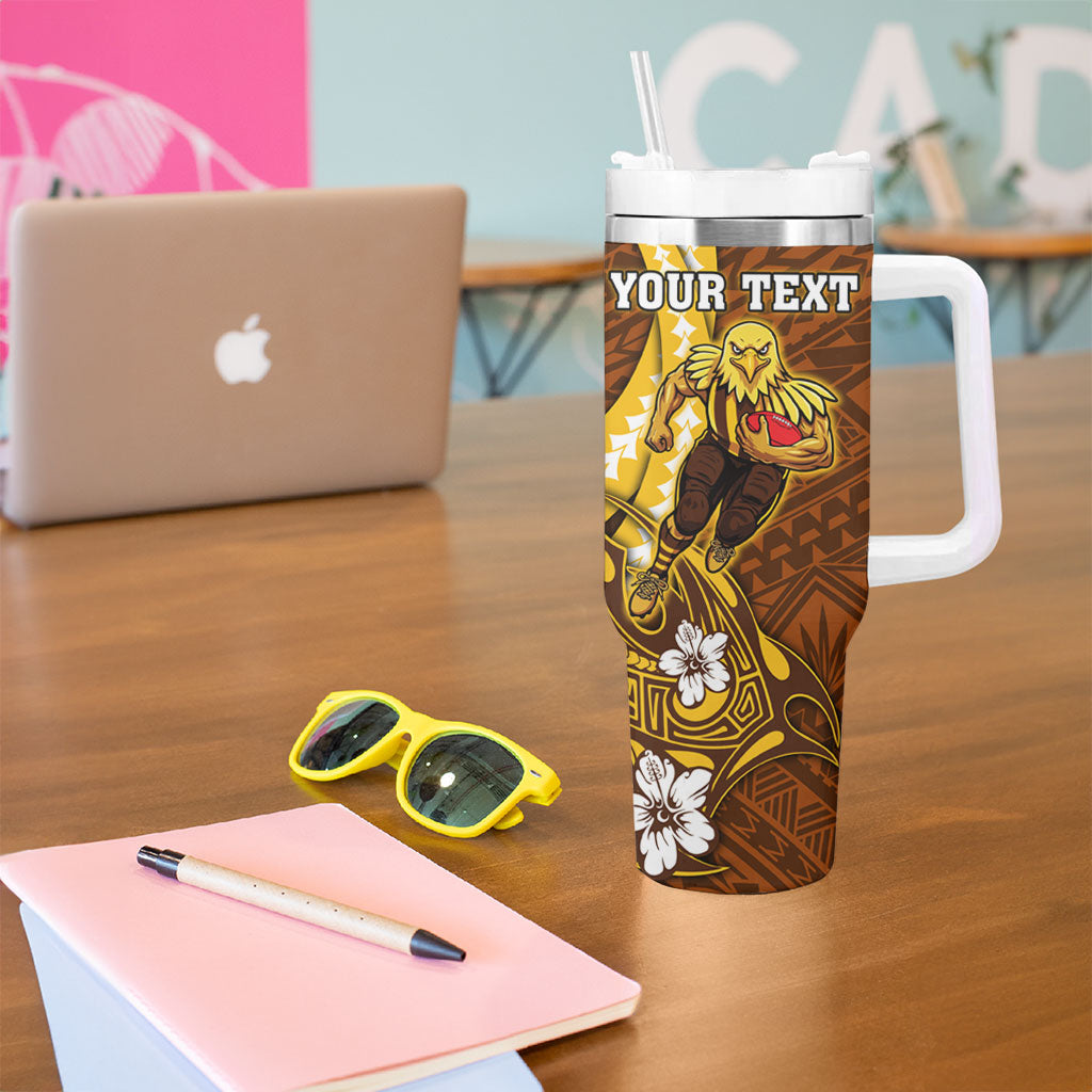 Personalized Hawthorn Hawks Tumbler With Handle Polynesian Tribal Hawk Mascot With Hibiscus Flower Art