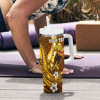 Personalized Hawthorn Hawks Tumbler With Handle Polynesian Tribal Hawk Mascot With Hibiscus Flower Art