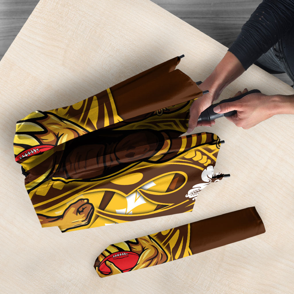 Personalized Hawthorn Hawks Umbrella Polynesian Tribal Hawk Mascot With Hibiscus Flower Art