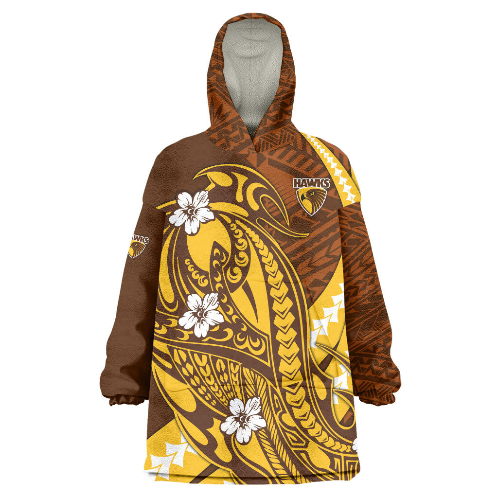 Personalized Hawthorn Hawks Wearable Blanket Hoodie Polynesian Tribal Hawk Mascot With Hibiscus Flower Art