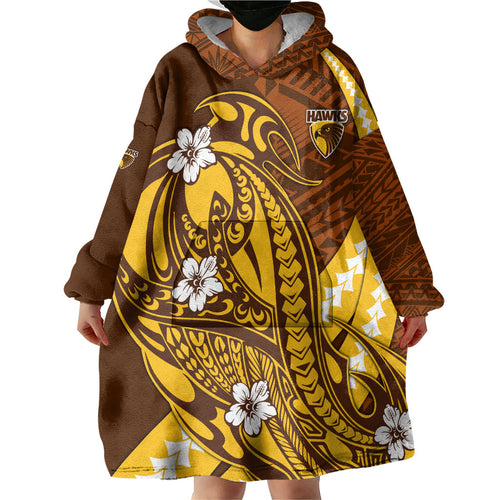 Personalized Hawthorn Hawks Wearable Blanket Hoodie Polynesian Tribal Hawk Mascot With Hibiscus Flower Art