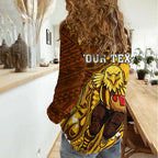 Personalized Hawthorn Hawks Women Casual Shirt Polynesian Tribal Hawk Mascot With Hibiscus Flower Art