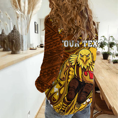 Personalized Hawthorn Hawks Women Casual Shirt Polynesian Tribal Hawk Mascot With Hibiscus Flower Art