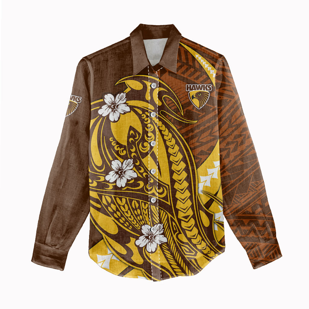 Personalized Hawthorn Hawks Women Casual Shirt Polynesian Tribal Hawk Mascot With Hibiscus Flower Art