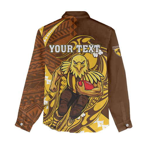 Personalized Hawthorn Hawks Women Casual Shirt Polynesian Tribal Hawk Mascot With Hibiscus Flower Art