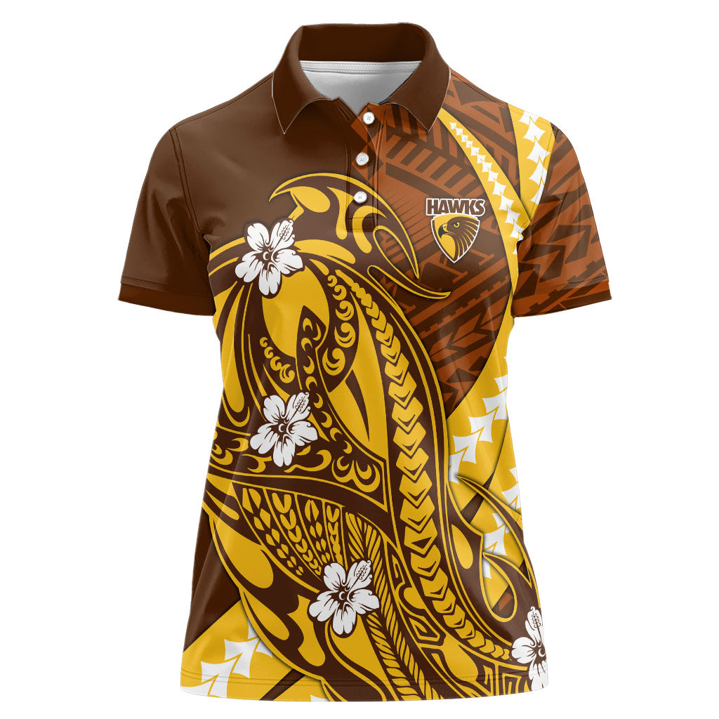 Personalized Hawthorn Hawks Women Polo Shirt Polynesian Tribal Hawk Mascot With Hibiscus Flower Art