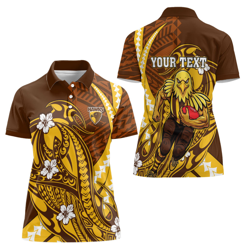Personalized Hawthorn Hawks Women Polo Shirt Polynesian Tribal Hawk Mascot With Hibiscus Flower Art