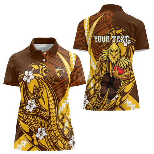 Personalized Hawthorn Hawks Women Polo Shirt Polynesian Tribal Hawk Mascot With Hibiscus Flower Art