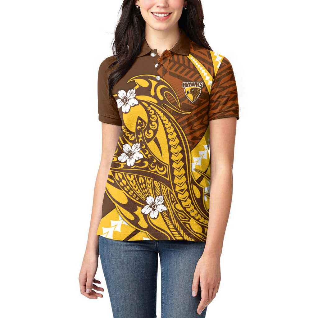 Personalized Hawthorn Hawks Women Polo Shirt Polynesian Tribal Hawk Mascot With Hibiscus Flower Art