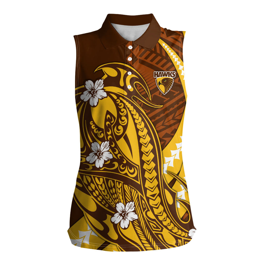 Personalized Hawthorn Hawks Women Sleeveless Polo Shirt Polynesian Tribal Hawk Mascot With Hibiscus Flower Art