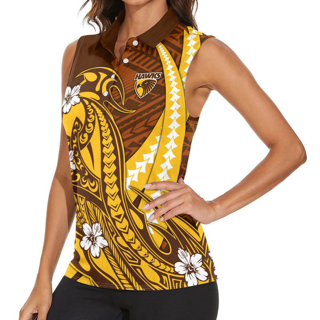 Personalized Hawthorn Hawks Women Sleeveless Polo Shirt Polynesian Tribal Hawk Mascot With Hibiscus Flower Art