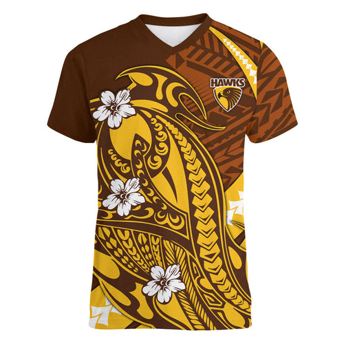 Personalized Hawthorn Hawks Women V-Neck T-Shirt Polynesian Tribal Hawk Mascot With Hibiscus Flower Art
