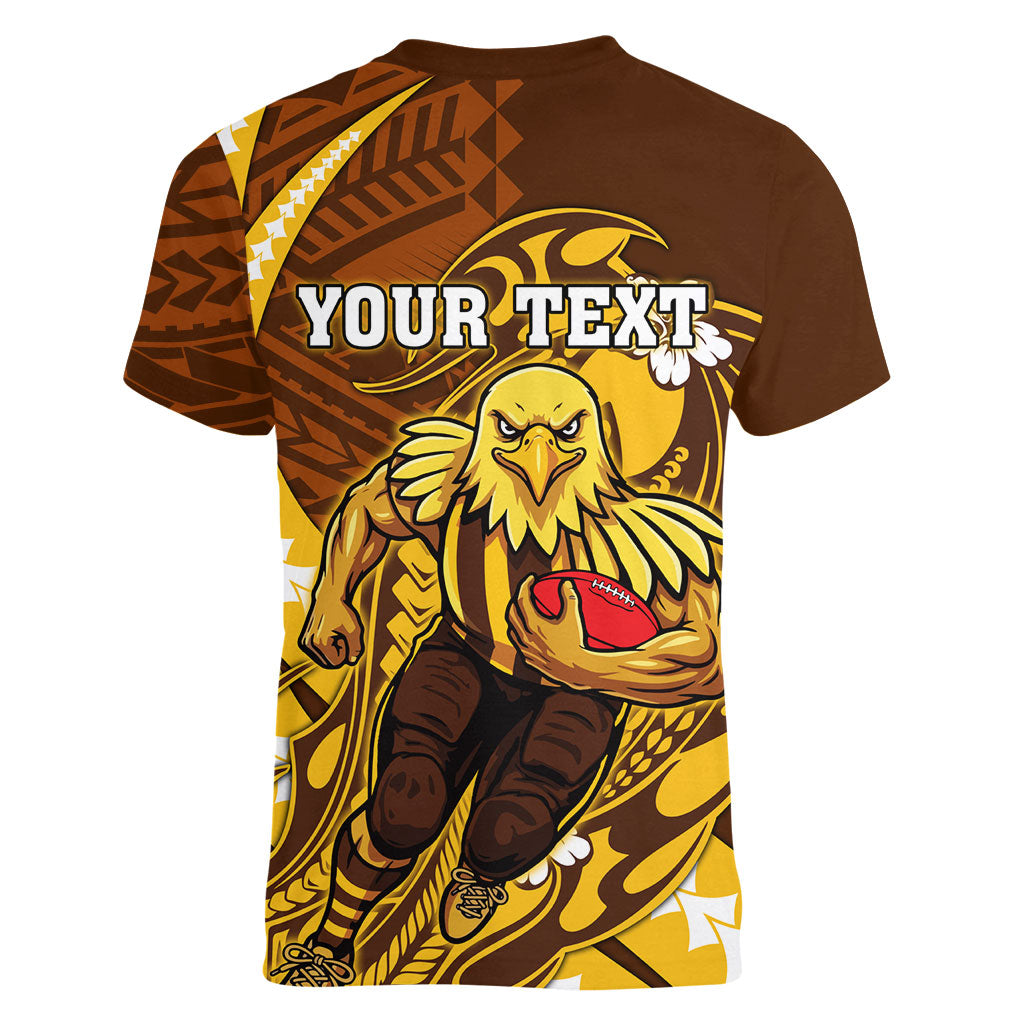 Personalized Hawthorn Hawks Women V-Neck T-Shirt Polynesian Tribal Hawk Mascot With Hibiscus Flower Art