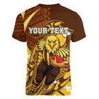 Personalized Hawthorn Hawks Women V-Neck T-Shirt Polynesian Tribal Hawk Mascot With Hibiscus Flower Art