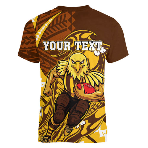 Personalized Hawthorn Hawks Women V-Neck T-Shirt Polynesian Tribal Hawk Mascot With Hibiscus Flower Art
