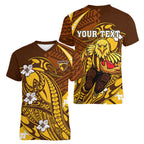 Personalized Hawthorn Hawks Women V-Neck T-Shirt Polynesian Tribal Hawk Mascot With Hibiscus Flower Art