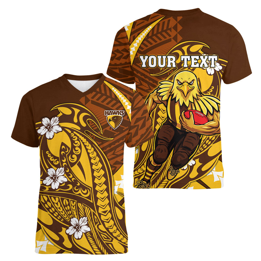 Personalized Hawthorn Hawks Women V-Neck T-Shirt Polynesian Tribal Hawk Mascot With Hibiscus Flower Art