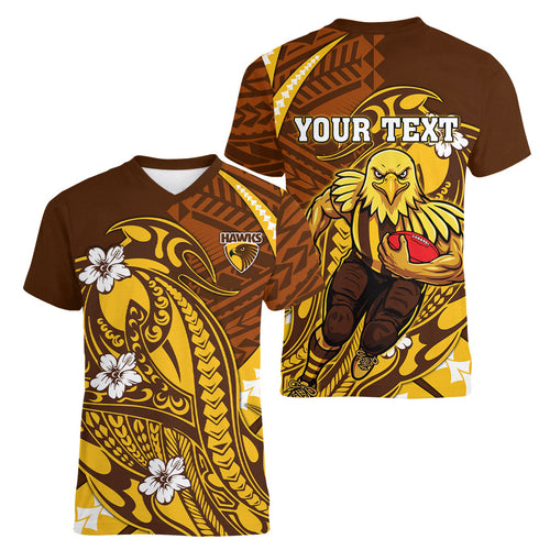 Personalized Hawthorn Hawks Women V-Neck T-Shirt Polynesian Tribal Hawk Mascot With Hibiscus Flower Art