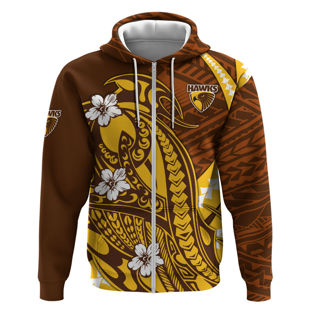 Personalized Hawthorn Hawks Zip Hoodie Polynesian Tribal Hawk Mascot With Hibiscus Flower Art