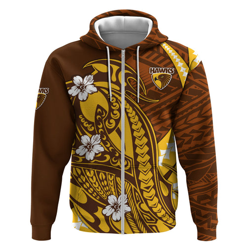 Personalized Hawthorn Hawks Zip Hoodie Polynesian Tribal Hawk Mascot With Hibiscus Flower Art
