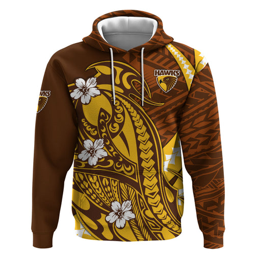 Personalized Hawthorn Hawks Zip Hoodie Polynesian Tribal Hawk Mascot With Hibiscus Flower Art