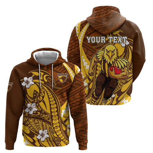 Personalized Hawthorn Hawks Zip Hoodie Polynesian Tribal Hawk Mascot With Hibiscus Flower Art