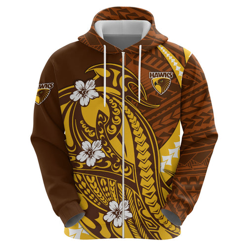 Personalized Hawthorn Hawks Zip Hoodie Polynesian Tribal Hawk Mascot With Hibiscus Flower Art