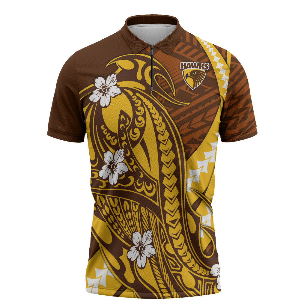Personalized Hawthorn Hawks Zipper Polo Shirt Polynesian Tribal Hawk Mascot With Hibiscus Flower Art