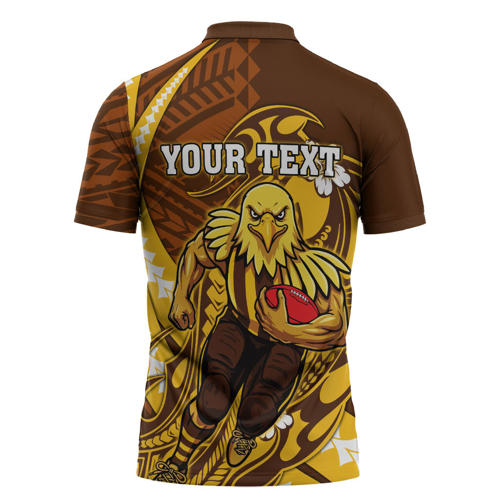Personalized Hawthorn Hawks Zipper Polo Shirt Polynesian Tribal Hawk Mascot With Hibiscus Flower Art