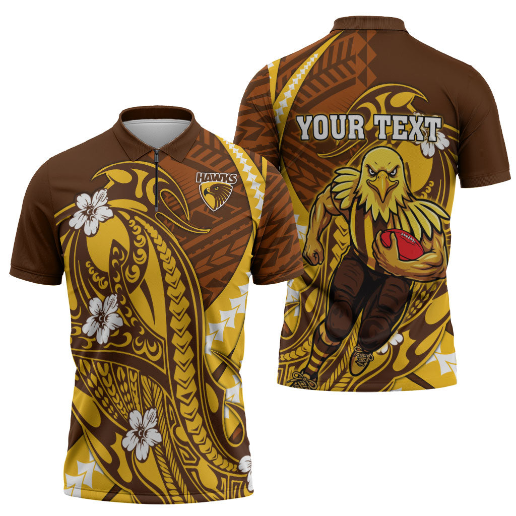 Personalized Hawthorn Hawks Zipper Polo Shirt Polynesian Tribal Hawk Mascot With Hibiscus Flower Art