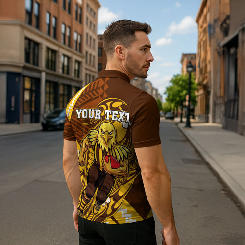 Personalized Hawthorn Hawks Zipper Polo Shirt Polynesian Tribal Hawk Mascot With Hibiscus Flower Art