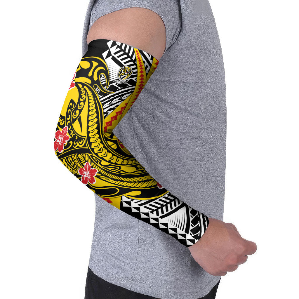 Personalized Richmond Tigers Arm Sleeves Polynesian Tribal Tiger Mascot With Hibiscus Floral Art