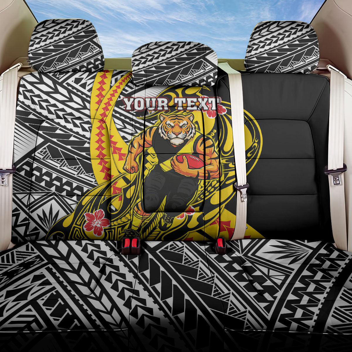 Personalized Richmond Tigers Back Car Seat Cover Polynesian Tribal Tiger Mascot With Hibiscus Floral Art
